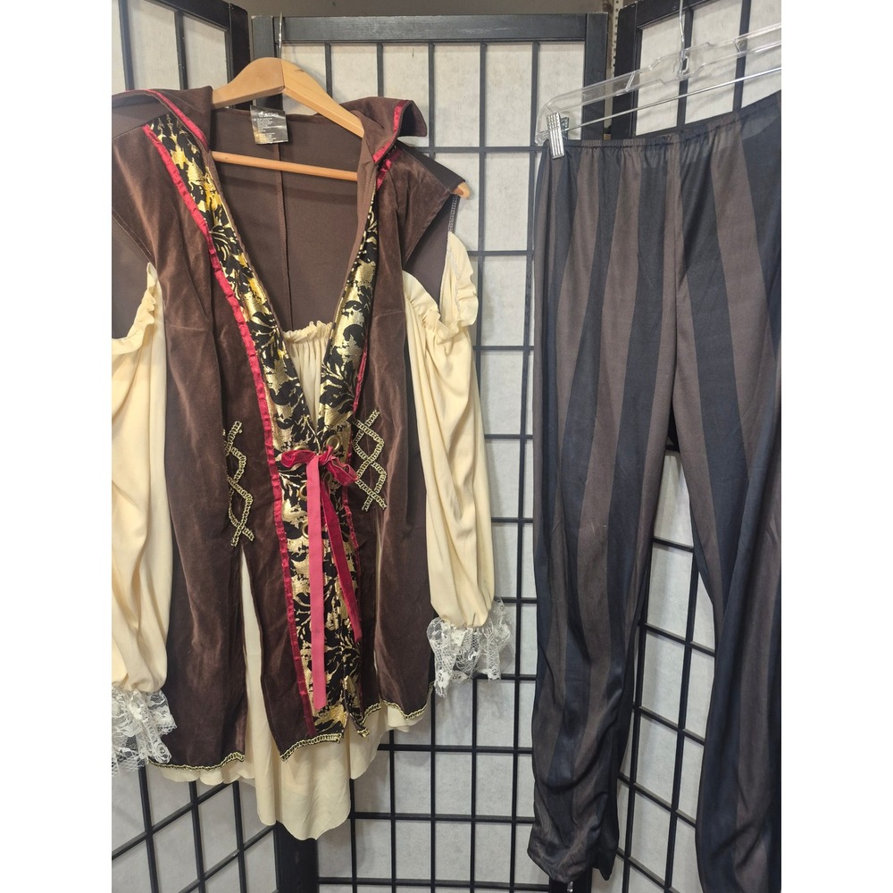 Leg Avenue Pirate Costume Set Brown Gold Damask Tunic Striped Pants 1X 2X